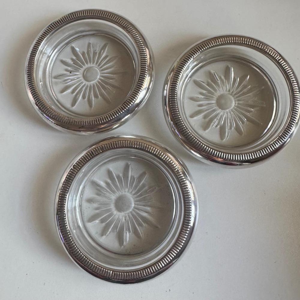 Vintage Crown Sterling Silver & Glass Sunburst Coasters Set of 3 Barware 1950's